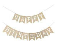 Guirlande vintage « Joyeux anniversaire » en lin - Décoration d'anniversaire - Guirlande de fanions suspendus - Décoration pour fête d'anniversaire, fête prénatale