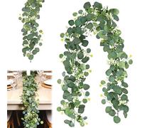 Guirlandes Artificielles D'Eucalyptus 1.8m, Eucalyptus Artificiel Guirlande avec Fleurs Blanches, Vignes Feuilles d'eucalyptus, Eucalyptus Vignes pour Mariage, Salon, Balcon, Porte et Mur
