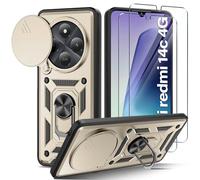 Guisessy Coque Compatible avec Xiaomi Redmi 14C 4G/Xiaomi Poco C75 avec 2 Verre Trempé, Support 360° Rotatif Militaire PC Dur Renforcée Armor Antichoc Bumper Housse Etui - Or