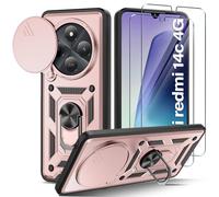 Guisessy Coque Compatible avec Xiaomi Redmi 14C 4G/Xiaomi Poco C75 avec 2 Verre Trempé, Support 360° Rotatif Militaire PC Dur Renforcée Armor Antichoc Bumper Housse Etui - Or Rose
