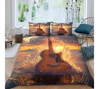 Guitar Splash Coucher de Soleil Ensemble De Literie 3 Pièces 3D Imprimée Acoustic Music Art Housse de Couette avec Taie d'oreiller Douce for Chambre de Adolescents Single（140x200cm）