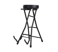 Guitar Stool with Padded Seat and Built-in Stand, Foldable Performance Chair for Musicians, Retractable Hook, Non-Slip Footrest for Acoustic, Electric and Bass Guitars Noir