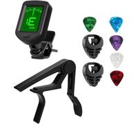 Guitar Tuner and Capo Kit with 2 Adhesive Pick Holders - Clip-on Tuner, Quick-Change Capo, 5 Picks for Guitar (9 Pieces)