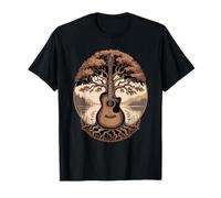 Guitare Acoustique Fusion Arbre Lac Forêt Musique Nature T-Shirt