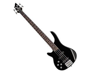 Guitare Basse Chicago pour Gaucher par Gear4music, Noir | Corps léger en paulownia, micros simple bobinage et split coil, housse, sangle, câble et médiators inclus