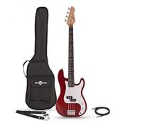 Guitare basse LA by Gear4music Rouge avec Housse de transport et câble jack | Pour débutants, corps léger en paulownia avec manche confortable en érable, micro split coil pour un ton percutant