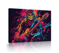 Guitare colorée crâne toile art mural vibrant musique squelette toile impressions d’œuvres d’art pour salon moderne chambre à coucher Halloween maison 65x85cm Cadre intérieur