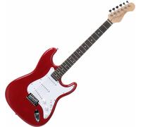 Rocktile Sphere Classic Rouge Guitare Électrique, pickguard blanc, 3x single coil, 21 frettes, manche Engineering Wood, vibrato vintage string thru, câble 2,5m, levier vibrato, clé Allen.
