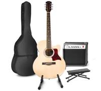 Guitare électrique acoustique MAX ShowKit avec amplificateur, support de guitare et repose-pied - Bois