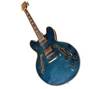 Guitare électrique de jazz bleue semi-creuse à double trou F personnalisée, guitare en placage d'érable flamme Double face, micros hauts