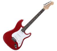 Rocktile Sphere Classic Rouge Guitare Électrique, pickguard blanc, 3x single coil, 21 frettes, manche Engineering Wood, vibrato vintage string thru, câble 2,5m, levier vibrato, clé Allen.