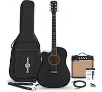Guitare Électro-Acoustique Dreadnought Pan Coupé Gaucher, Noire avec pack Ampli Acoustique 15 W et Accessoires