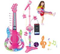Guitare et microphone pour enfants, guitare jouet avec musique et lumière, microphone 2 en 1 pour enfants à hauteur réglable avec support, instruments jouets d'apprentissage |.pour les 5-9 ans
