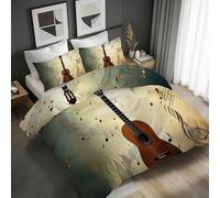 Guitare Housse de Couette 140x200 Symboles Musicaux Vintage Parure de lit Réversible Microfibre Ensemble de Literie 1 Personne 3 pièces avec Fermeture Éclair et 2 Taies d'oreiller 65x65 1H136