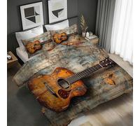Guitare Housse de Couette 200x200 Symboles Musicaux Vintage Parure de lit Réversible Microfibre Ensemble de Literie 2 Personnes 3 pièces avec Fermeture Éclair et 2 Taies d'oreiller 65x65 1H349