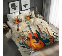 Guitare Housse de Couette 220X240 Symboles Musicaux Vintage Parure de lit Réversible Microfibre Ensemble de Literie 2 Personnes 3 pièces avec Fermeture Éclair et 2 Taies d'oreiller 65x65 1H406