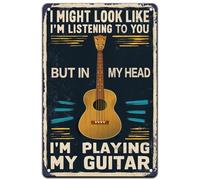 Guitare - J'ai peut-être l'air de t'écouter, mais dans ma tête je joue - Plaque en métal 8x12 pouces (20x30 cm) - Convient pour café, maison, salon, chambre, cuisine, jardin, garage, café, bar, pub