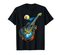 Guitare Lake Reflections Forest Pine Tree Moon Camp Guitarist T-Shirt