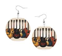 Guitars Art Boucles d'oreilles rondes en cuir PVC imprimé double face avec crochets plaqués argent 925, taille unique, argent sterling, pierre d'or, One Size, Argent sterling, goldstone