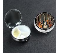 Guitars Art Pilulier décoratif à 3 compartiments avec miroir pour sac à main ou poche Petit pilulier rond en métal pour médicaments médicaments, vitamines, cadeau de voyage