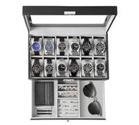 GUKA Boîte à montres à 12 emplacements pour montres - En cuir - Avec tiroir en verre - Anniversaire - Pour homme et femme - Pour enfant, mari, papa
