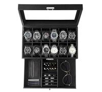 GUKA GK-012-BKCX Boîte à montres à 12 emplacements pour homme avec couvercle en verre véritable, organiseur de montres en cuir synthétique avec étui à bijoux, anniversaire pour homme et femme, noir