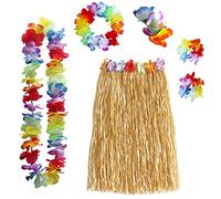 Gukasxi 6 Pièces Jupe Hawaienne avec Jupe de Hula Fleur Leis Collier Bandeau Bracelets Robe Costume Hawaii Femme Décoration de Fête Tropicale de Plage d'été