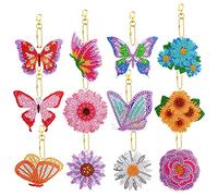 Gukasxi Lot de 12 porte-clés de peinture diamant pour enfants, double face 5D peinture diamant porte-clés fleurs papillon strass art artisanat peinture porte-clés pour femmes filles