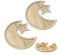 Gukasxi Lot de 2 plateaux en bois pour Ramadan Eid Mubarak - Lune étoile - Vaisselle de cuisine - Assiettes creuses pour fête - Fournitures de fête