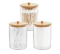 Gukasxi Lot de 3 supports Qtip en acrylique avec couvercles en bambou pour salle de bain, bocaux, cotons-tiges, coussinets pour rangement de salle de bain (transparent A)