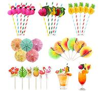 Gukasxi Lot de 74 pailles décoratives en papier pour cocktail - Paon - Flamant rose - Ananas - En bambou - Pour boissons