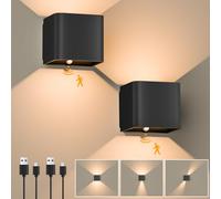 GuKKK Applique Murale Interieur, 2 Pcs Applique Murale à Détecteur de Mouvement, Lampe Murale LED Rechargeable, Lumière Blanche Chaude 3000K Lampe Murale Sans Fil, Angle de Faisceau Réglable (Noir)