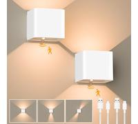 GuKKK Applique Murale Interieur, 2 Pcs Applique Murale à Détecteur de Mouvement, Lampe Murale LED Rechargeable, Lumière Blanche Chaude 3000K Lampe Murale Sans Fil, Angle de Faisceau Réglable (Blanc)