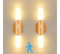 GuKKK Applique Murale Interieur 2Pcs, Lampe Murale LED Detecteur de Mouvement Sans Fil Pile, Interieur Applique Murale Bois, 360° Lampe de Chevet pour Chambre à Coucher avec Port de Charge USB (Bois)
