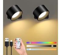 GuKKK Applique Murale Interieur RGB, Lot de 2 Appliques Murales LED d'intérieur, Rotation à 360°Applique Murale avec Port de USB Contrôle Tactile, 16 Niveaux de Luminosité 3 Températures (Noir)