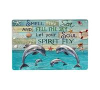 Guktmcet Plaque en étain vintage avec inscription « Dauphin Smell The Sea And Feel The Sky Let Your Soul Spirit Fly » - Décoration créative et amusante - Pour maison, salle de bain, terrasse, bar