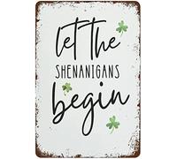 Guktmcet Plaque murale amusante en aluminium avec inscription « Let The Shenanigans Begin St Patrick Day » - Motif trèfle irlandais - Pour bar, restaurant, café, bar - 20,3 x 30,5 cm