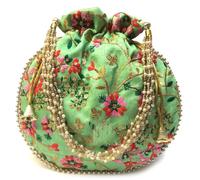 GULAAL ART Sac à main indien fait à la main avec cordon de serrage en coton vert pistache brodé pour femme cadeau de mariage, Vert pistache