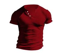 GULASISI Chemises côtelées pour homme - T-shirt à manches courtes - Coupe ajustée - Col en V - Boutonné - Léger - Haut de sport d'été décontracté - Coupe musculaire, bordeaux, 3XL