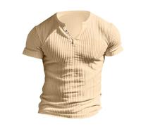 GULASISI Chemises côtelées pour homme - T-shirt à manches courtes - Coupe ajustée - Col en V - Boutonné - Léger - Haut de sport d'été décontracté - Coupe musculaire, kaki, S