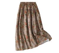 GULASISI Jupes pour femme - Longueur midi - Taille élastique - Cordon de serrage - Vintage - Imprimé floral - Jupe d'été en coton et lin, kaki, 48