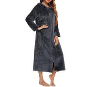 GULASISI Pyjama en polaire pour femme avec fermeture éclair - Robe d'hiver chaude à capuche - Long peignoir de bain - Chemise de nuit - Taille UK, gris, L