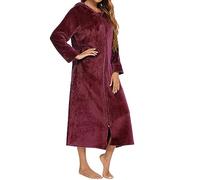 GULASISI Pyjama en polaire pour femme avec fermeture éclair - Robe d'hiver chaude à capuche - Long peignoir de bain - Chemise de nuit - Taille UK, Rouge, L