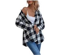 GULASISI Veste shacket à carreaux pour femme - Manches longues - Boutonnée - Style décontracté - Veste à revers ample - Chemise mi-longue décontractée, Noir , XL