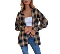 GULASISI Veste shacket à carreaux pour femme - Manches longues - Boutonnée - Style décontracté - Veste à revers ample - Chemise mi-longue décontractée, jaune, S