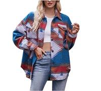 GULASISI Veste shacket ample pour femme - Imprimé graphique géométrique aztèque - Manteau léger boutonné - Taille UK - Vêtements d'hiver pour femme, bleu, L