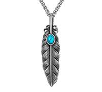 GulCean Collier pour homme avec pendentif en forme de plume turquoise en acier titane vintage argenté simple punk gothique Emo tendance hippie longue feuille, Titane Argent Titane Turquoise Argenté,