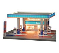 Gulf Station à gaz avec éclairage LED, 1:64, station de gaz diorama, kit de scène de bâtiment modulaire pour collectionneurs de voitures miniatures (bleu)