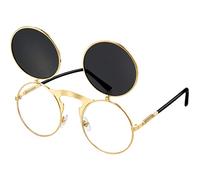 Gulfmew Steampunk Rabattable Lunette de Soleil Hippies Rétro Rondes Gothiques Lunettes pour Hommes Femmes(Cadre Doré, Lentilles Grises)