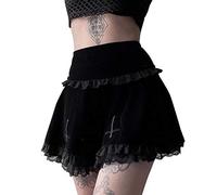 GuliriFei Mini jupe plissée en dentelle pour femme - Motif patchwork - Broderie croisée - Taille haute - Style harajuku gothique punk - Noir - Large